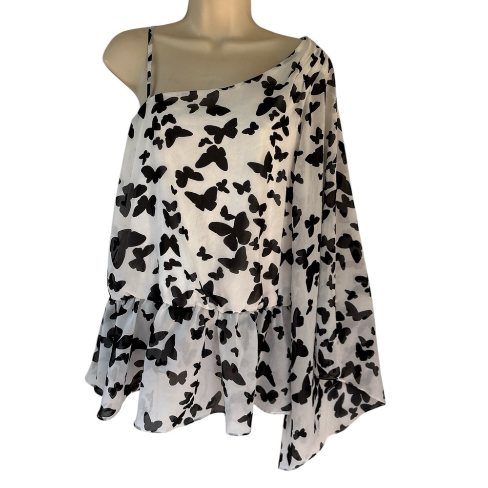 Cecio Women's White Black Butterfly Print One-Shoulder Blouse Top Size L